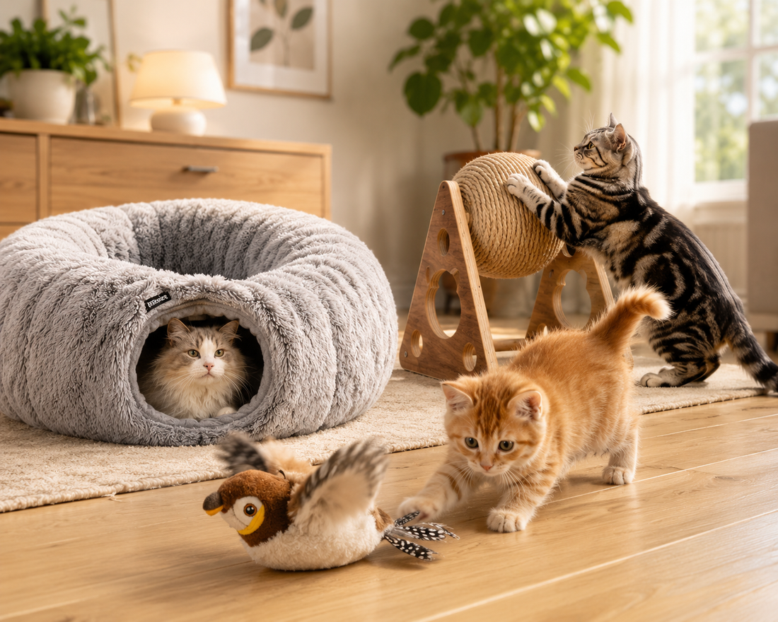 Cat relaxing in a plush tunnel bed while kitten chases flapping bird toy Indoor cats enjoying a cozy tunnel bed, scratching toy, and bird toy Happy cats playing and resting in a modern Scandinavian living room