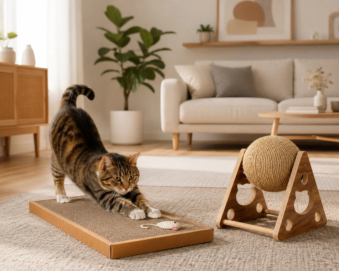 Create 10 alt-text Cat scratching cardboard board and sisal scratching ball in modern home Happy indoor cat stretching on scratching board beside rotating sisal toy Premium cat scratching toys protecting furniture and carpets