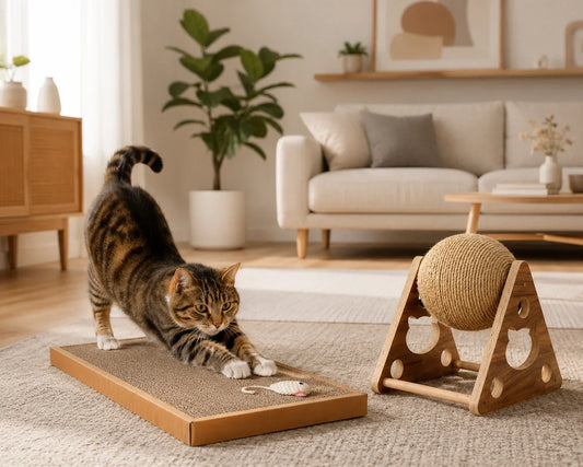 Create 10 alt-text Cat scratching cardboard board and sisal scratching ball in modern home Happy indoor cat stretching on scratching board beside rotating sisal toy Premium cat scratching toys protecting furniture and carpets