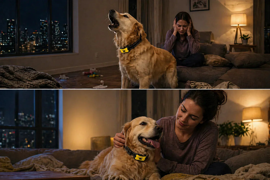 Dog barking at night in apartment with anti bark collar Calm dog relaxing beside owner with training collar Anti bark dog collar in modern living room scene Stressed owner and barking dog at night indoors Golden retriever wearing anti bark training collar