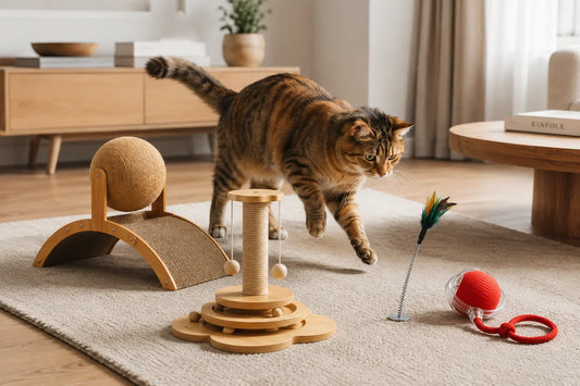 Cat playing with interactive toys in a modern Scandinavian living room Premium cat toys with scratching board and teaser in cozy apartment Happy indoor cat exploring wooden puzzle and moving tail toy
