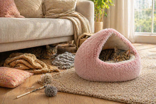 Cat resting inside cozy plush cave bed Anxious cat hiding under sofa indoors Soft pink cat cave bed in living room Indoor cat relaxing in fluffy sleeping nest Cozy cat cave bed beside modern sofa Plush cat bed with peaceful sleeping cat