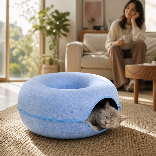 Cat sleeping in a blue donut bed cave in a cozy living room Calm cat relaxing inside a soft 2-in-1 cat bed cave Blue Cat Donut Bed Cave with a peaceful sleeping cat