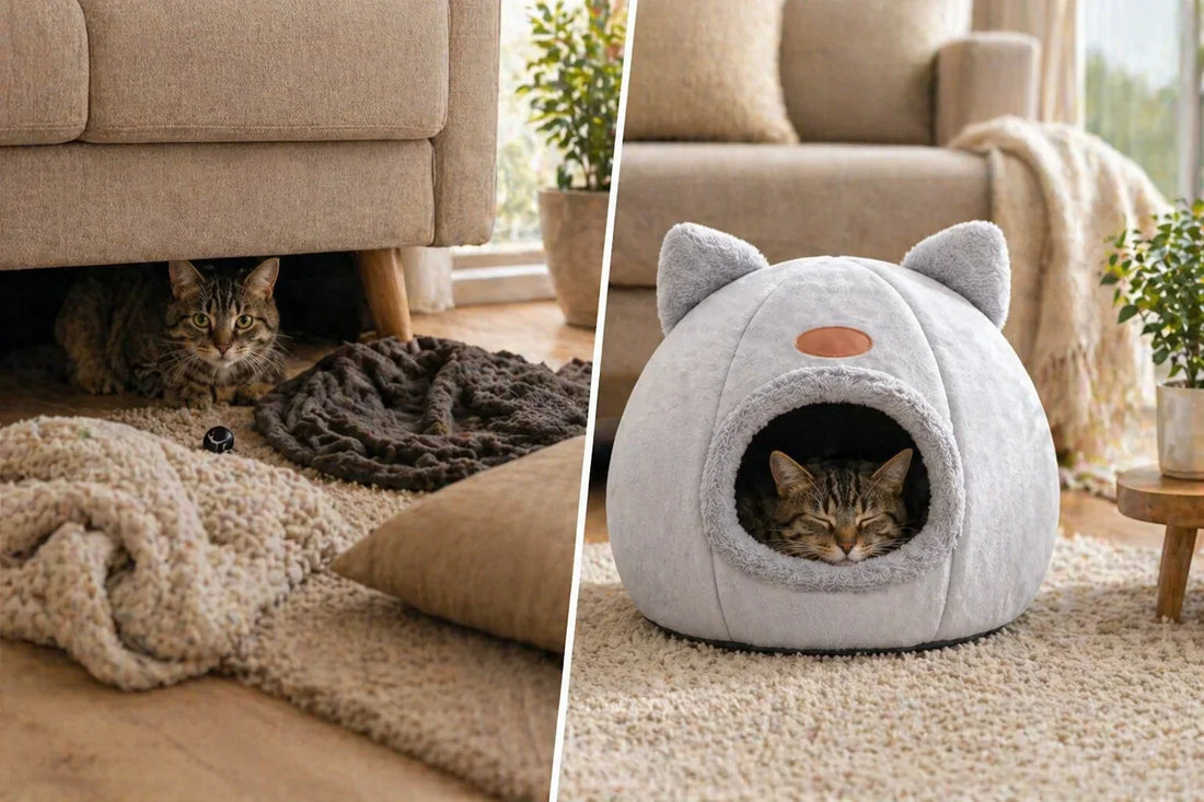   Cat hiding under sofa near cozy cave bed   Indoor cat relaxing inside plush cat cave   Cozy cat bed in warm living room   Anxious cat finding comfort in soft cave bed