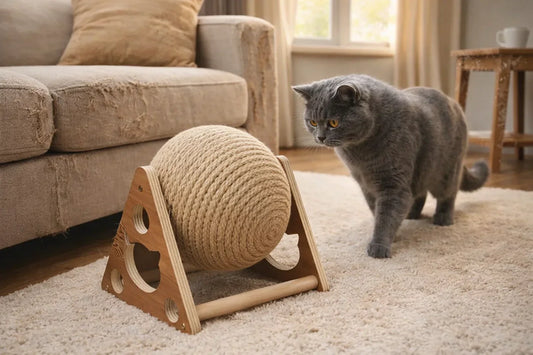 Gray cat inspects sisal scratching ball near worn sofa Curious cat approaches rope scratching toy on carpet Cat explores scratching ball beside scratched couch British Shorthair examines sisal toy in living room