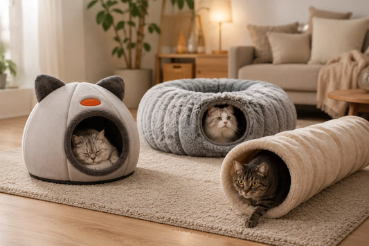 Cozy cat cave bed in modern living room Cat relaxing inside soft plush hideaway bed Indoor cats enjoying comfortable tunnel beds Plush cat tunnel for play and relaxation Luxury cat cave bed with sleeping kitten