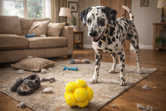 Dalmatian focused on yellow rubber dog ball indoors  Energetic dog eyeing bouncing toy in messy living room  Spotted dog excited by bright durable ball on rug  Curious Dalmatian ready to play with rubber toy  Dog with chewed slippers staring at ball