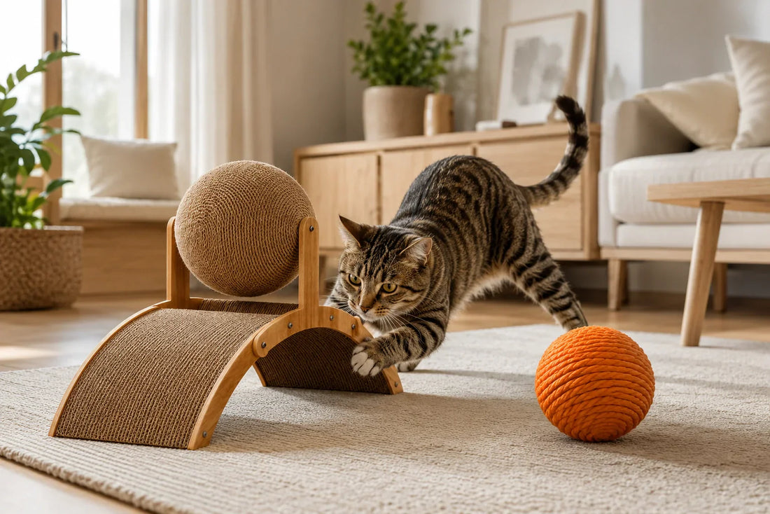 Cat scratching eco-friendly wooden scratcher and sisal ball Happy tabby cat playing with natural sisal toy ball Indoor cat using wooden scratching board in modern home Eco-friendly cat scratching toy with sisal textures