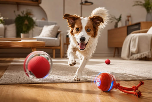 Dog chasing interactive ball toy indoors Happy dog playing with motion ball toy Interactive dog toy with glowing LED light Energetic puppy playing with bouncing ball Dog activity toy with rope for indoor play