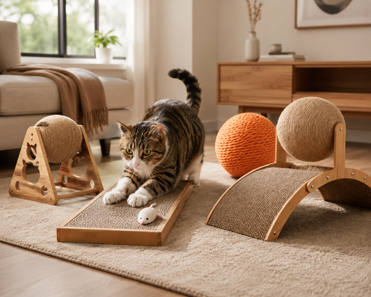 Cat playing with premium scratching toys in modern home Indoor cat scratching cardboard scratch board naturally Luxury sisal cat scratching toys in Scandinavian interior Happy cat with wooden scratching ball and scratcher