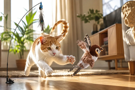 Cat chasing realistic flapping bird toy Interactive bird toy for indoor cats Playful cat hunting bird teaser toy Cat pouncing on moving bird toy Indoor cat active hunting play session