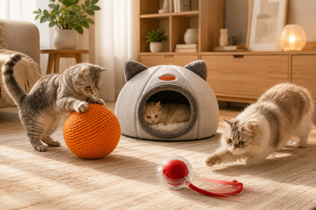 Cat relaxing in cozy cave bed Indoor cat playing with sisal ball Cat chasing interactive tail toy Cozy cat bed in modern home