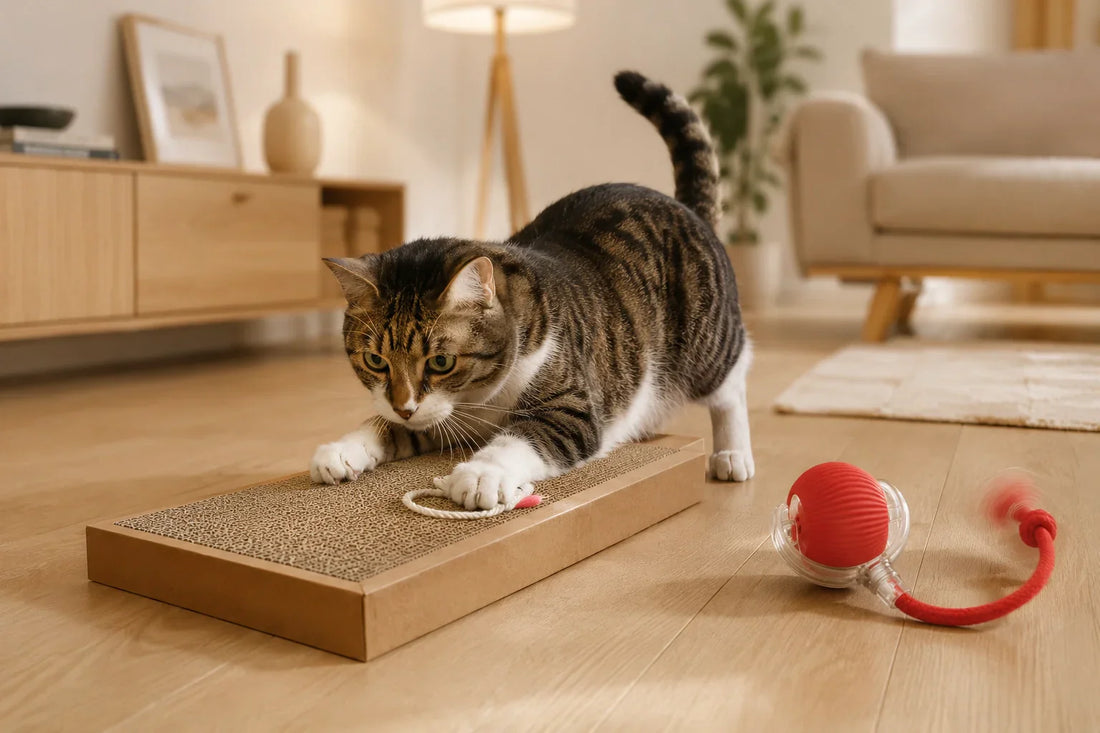 Cat with scratching board Interactive cat playtime Cat chasing toy ball Indoor cat enrichment Happy playful cat Cat scratching toy Moving tail cat toy Active indoor cat Puzzle board for cats Cat enjoying toys