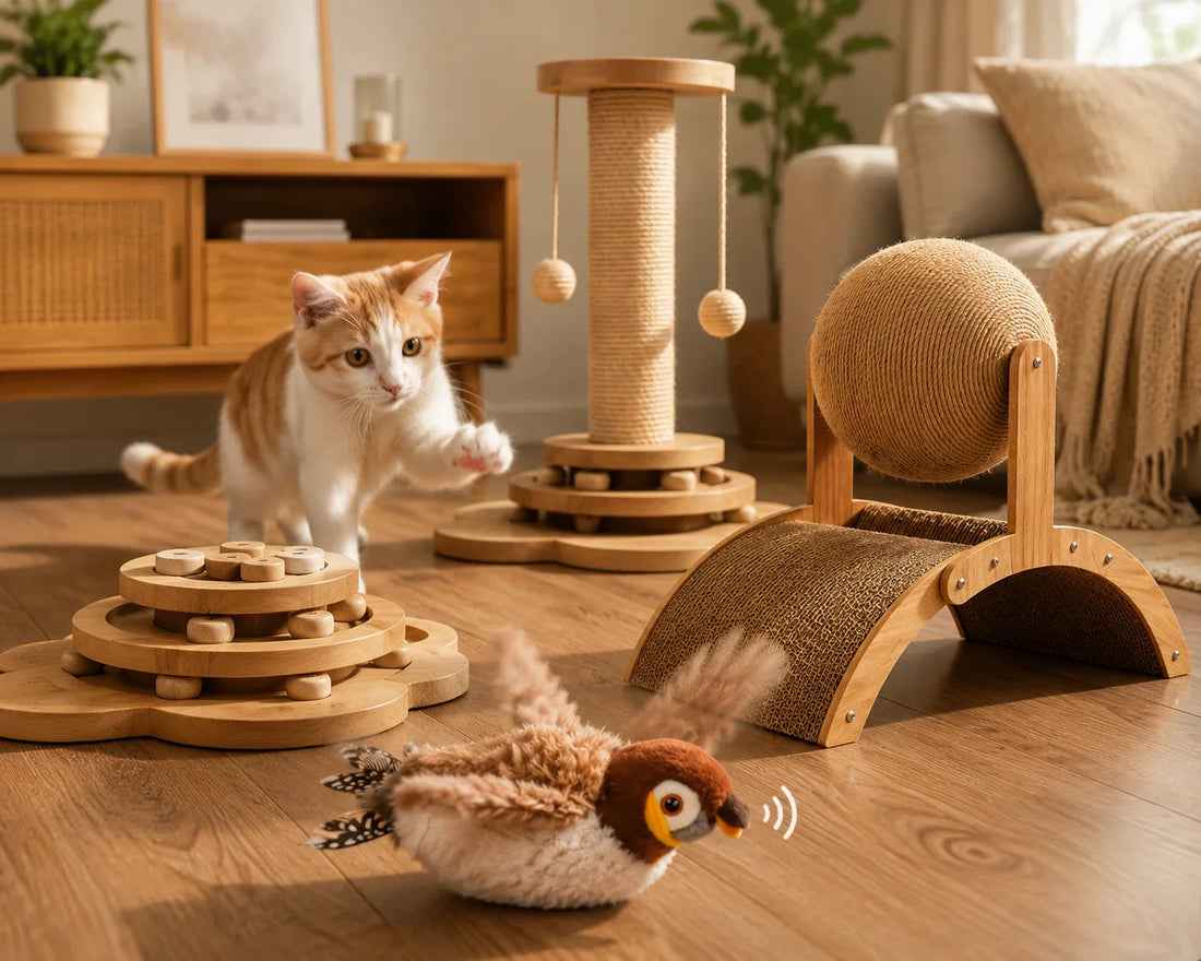 Cat playing with interactive bird toy and puzzle board Indoor cat enjoying wooden enrichment toys Curious cat exploring puzzle board and bird toy Happy cat with scratching ball and interactive toys