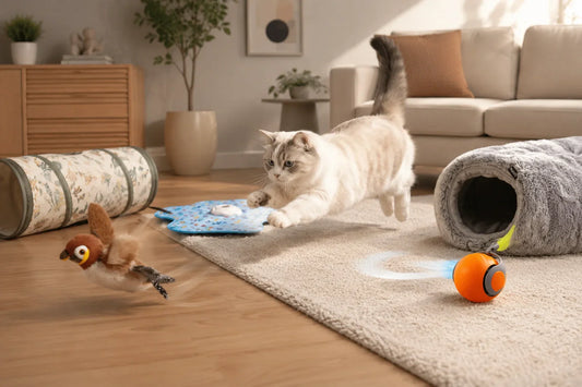 Cat chasing realistic flapping bird toy Playful indoor cat with feather teaser toy Cozy cat tunnel bed in modern living room Cat hunting interactive bird toy on floor Plush cat tunnel for hide and seek play Active cat playing with enrichment toys indoors