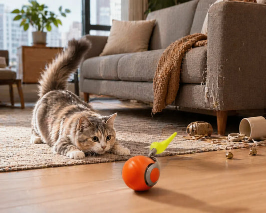 Cat focused on rolling toy ball in living room Playful indoor cat chasing moving tail toy Interactive cat toy ball on wooden floor Curious cat hunting motion toy near sofa Restless cat entertained by moving ball toy