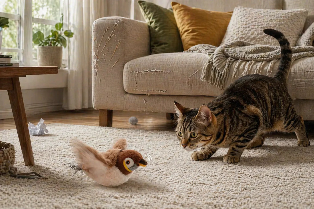 Cat hunting flapping bird toy indoors Interactive bird toy keeps cat active Tabby cat playing with flapping bird Indoor cat focused on moving bird toy Realistic bird toy for energetic cats
