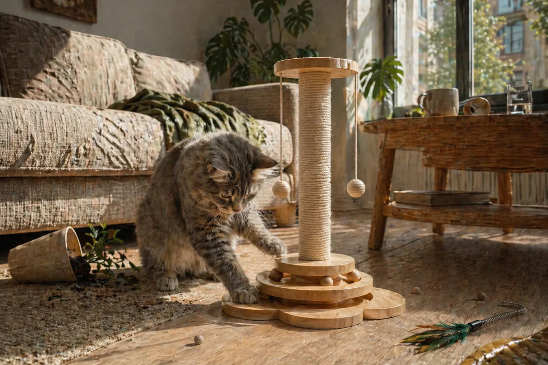 Cat playing with wooden puzzle toy indoors Interactive cat toy with hidden treat puzzle Curious cat using wooden puzzle board Indoor cat focused on treat puzzle game Modern living room with cat activity toy
