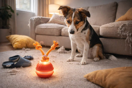 Bored dog staring at glowing interactive ball toy Restless dog notices motion sensor rope ball Chewed slippers and curious dog with toy Dog distracted by glowing interactive ball Messy living room with dog and smart toy