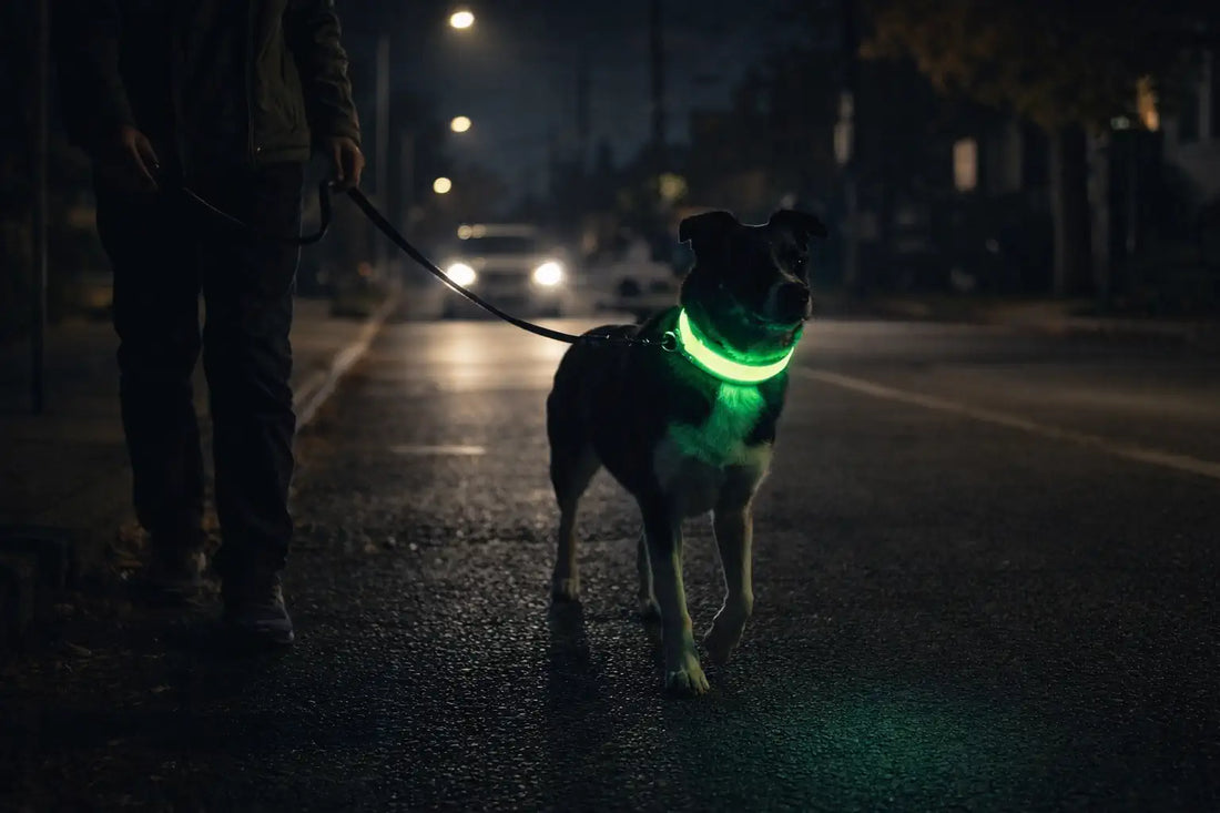 Dog walking at night with glowing LED collar for visibility on a dark street Dog wearing bright green LED collar during nighttime walk with approaching car Night dog walk on dim street with illuminated LED collar for safety