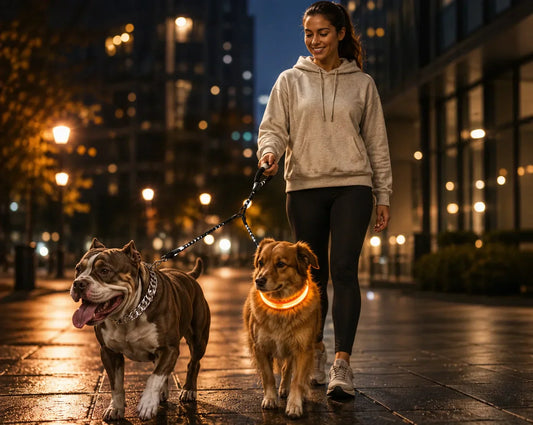 Happy dogs walking safely at night with glowing LED collar Premium double dog leash for safe evening city walks Stylish nighttime dog walk with LED safety accessories Two playful dogs enjoying a cozy urban evening walk
