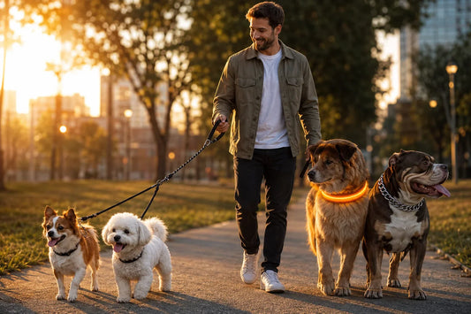 Dog walker with multiple dogs at sunset in a city park. Premium LED dog collar glowing during an evening walk. Two small dogs walking calmly on a double leash. Bully dog wearing a polished silver chain collar outdoors.