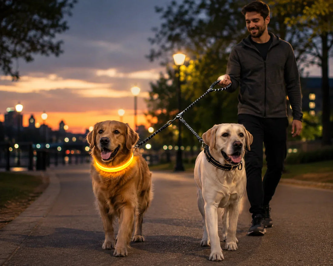 Two dogs enjoying a safe evening walk with LED collar Glowing dog collar for nighttime visibility Happy dogs walking with a double swivel leash