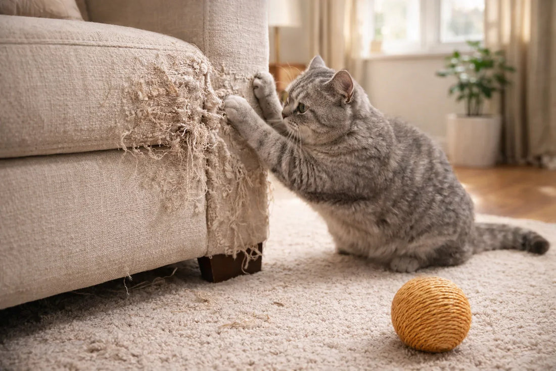 Cat scratching damaged sofa corner with sisal ball nearby Scratched couch and playful cat with natural sisal toy Cat claws tearing sofa fabric, toy ball on carpet