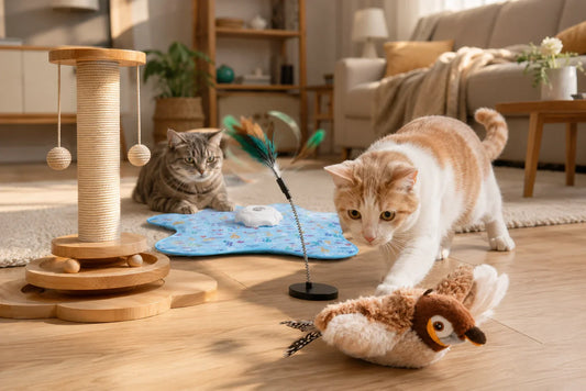 Cat playing with interactive puzzle and bird toy Indoor cat enjoying smart interactive toys Playful cat hunting realistic flapping bird toy Interactive feather teaser keeping cat active Happy cat exploring enrichment toys at home