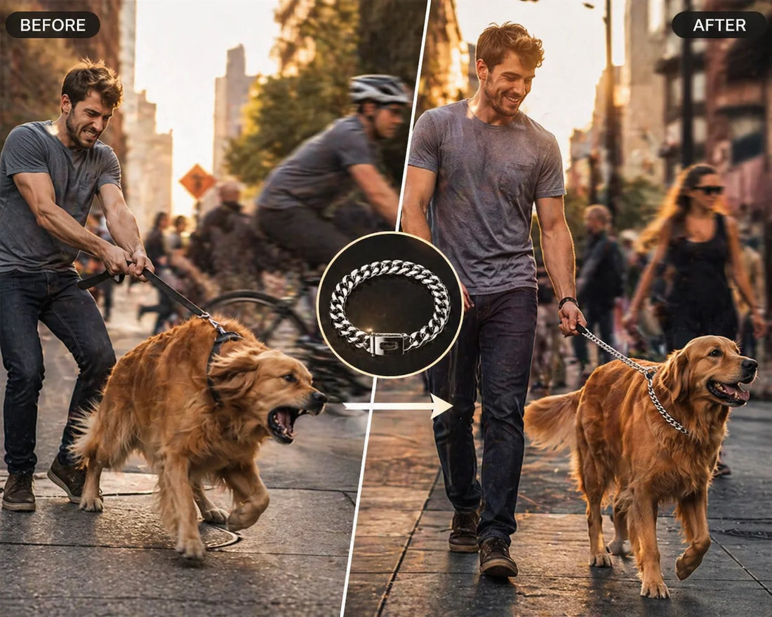   Strong dog pulling owner on busy city street   Calm dog walking beside owner with chain collar   Stylish metal dog collar during urban walk   Golden retriever wearing premium chain collar