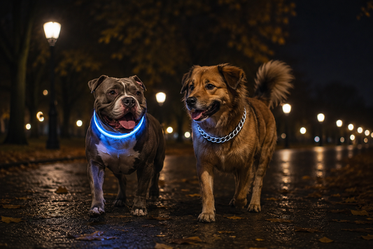 Two dogs walking in a night park Dogs with LED and chain collars Happy dogs on an evening stroll Off-leash dogs in a city park