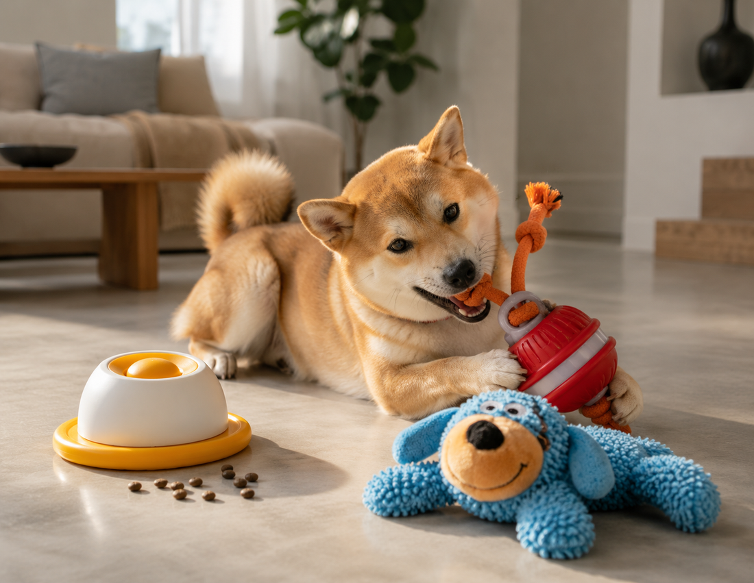 Happy dog playing with interactive chew toys indoors Premium dog enrichment toys in modern home setting Shiba Inu chewing red rope dog toy on floor