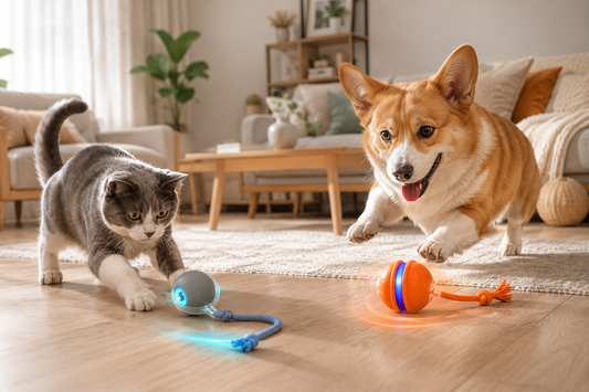 Cat and dog playing with smart moving toys Interactive rolling tail toys for pets Happy dog chasing glowing toy ball Indoor cat stalking automatic toy ball Smart pet toys in modern living room
