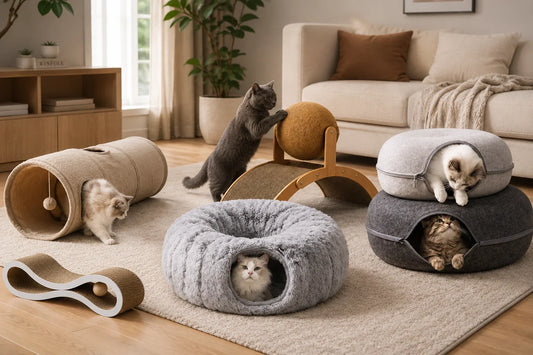 Cats playing with multifunctional cat furniture in modern living room Indoor cats relaxing in cozy donut cave bed and tunnel nests Luxury cat scratching ball and play furniture lifestyle scene Playful cats exploring soft tunnel bed and scratching toys