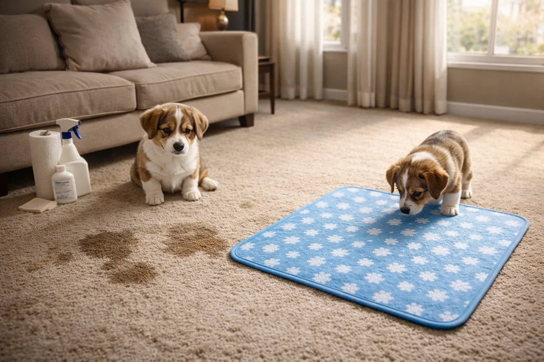 Puppy near stained carpet and clean pee pad Dog accident on carpet, pee pad nearby Puppy looks guilty, pee pad solution Messy carpet with puppy and pee pad Puppy next to stains and blue pee pad