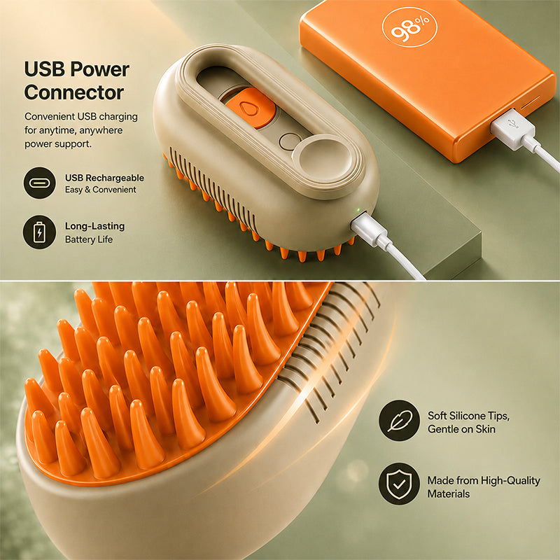 Cat enjoying steam grooming massage brush
