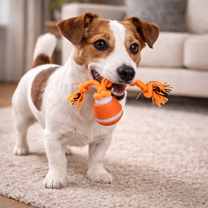 Interactive dog ball toy with motion sensor and rope
