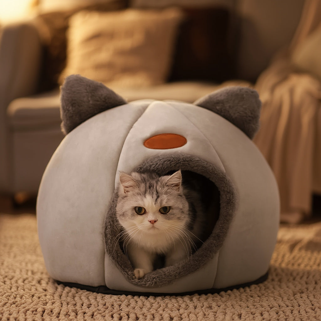 Cute cat house bed with cushion and soft fabric