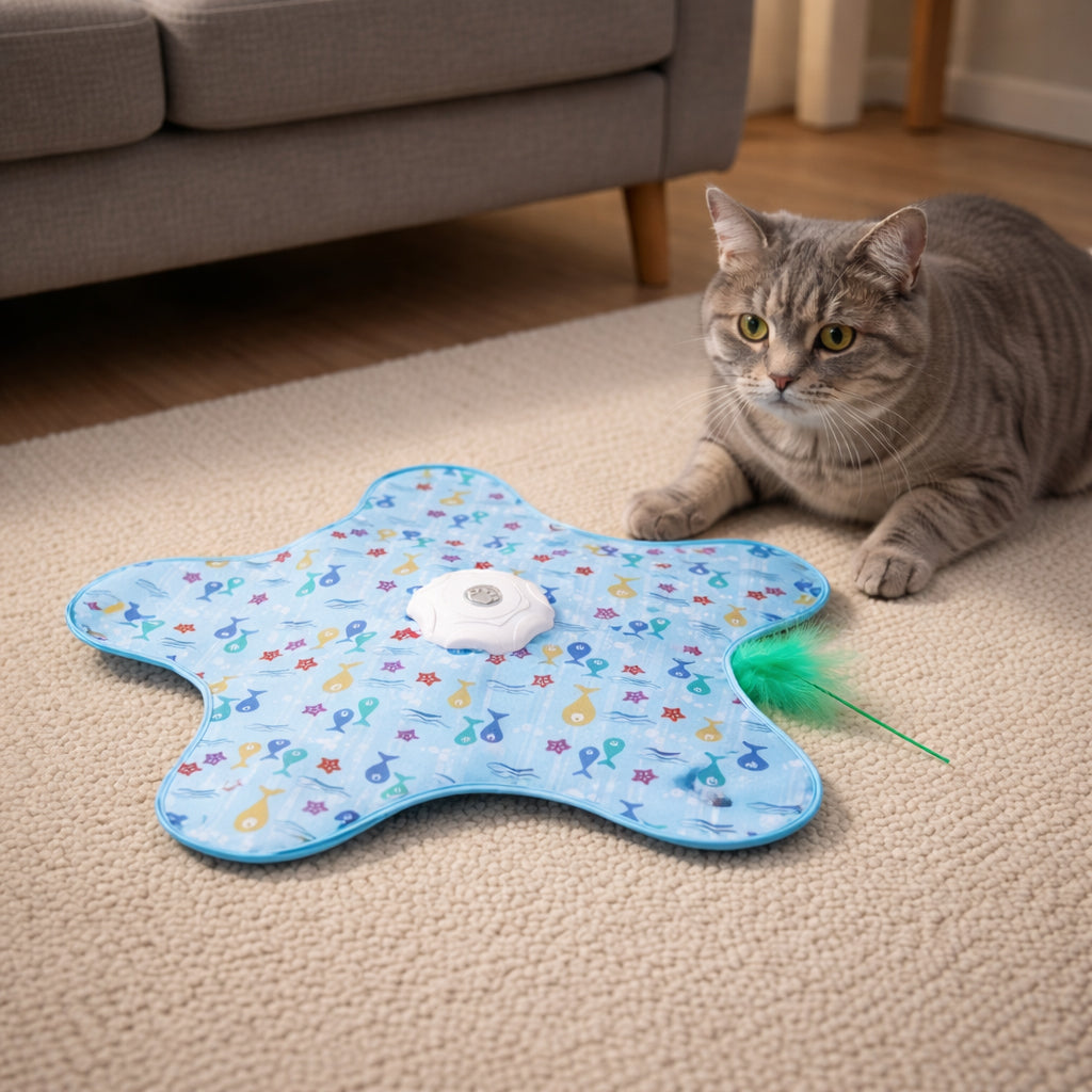 Interactive cat toy with hidden moving feather under mat