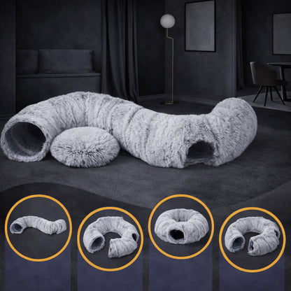 Plush cat tunnel bed for play and rest